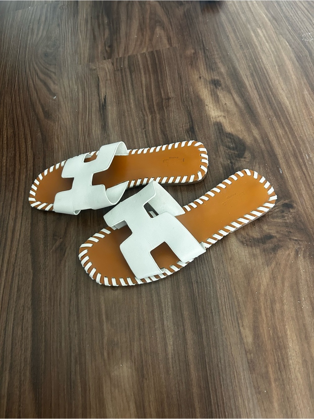 Ecru/off white Genuine Leather Slide Sandals with Whipstitch Trim